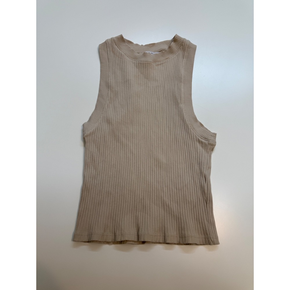 Zara Ribbed Knit Tank Top Tan Beige High Neck Sleeveless Small